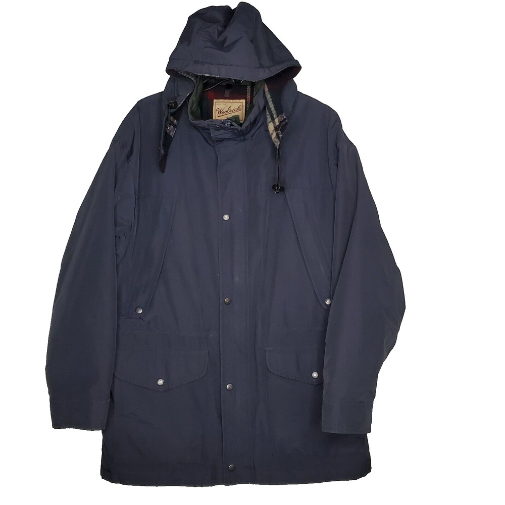 VTG Woolrich Jacket Mens SZ Large Blue Wool Lined Parka Full Zip Hooded Pockets